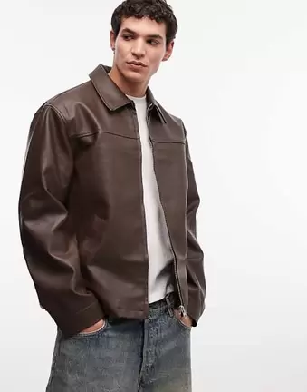 ASOS DESIGN – Brązowa kurtka harrington z imitacji skóry