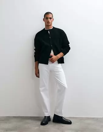 ASOS DESIGN oversize kardigan z dzianiny z domieszką wełny, prążkowany, z okrągłym dekoltem, czarny