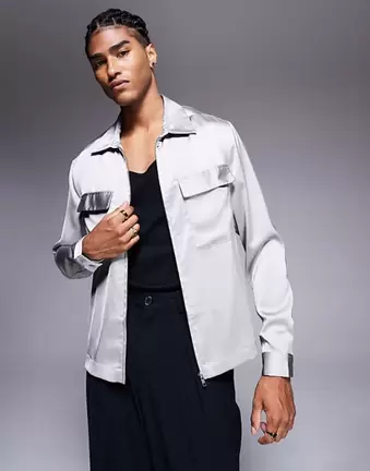ASOS DESIGN – Zapinana na suwak szara koszula wierzchnia o pudełkowym kroju z naszytymi kieszeniami