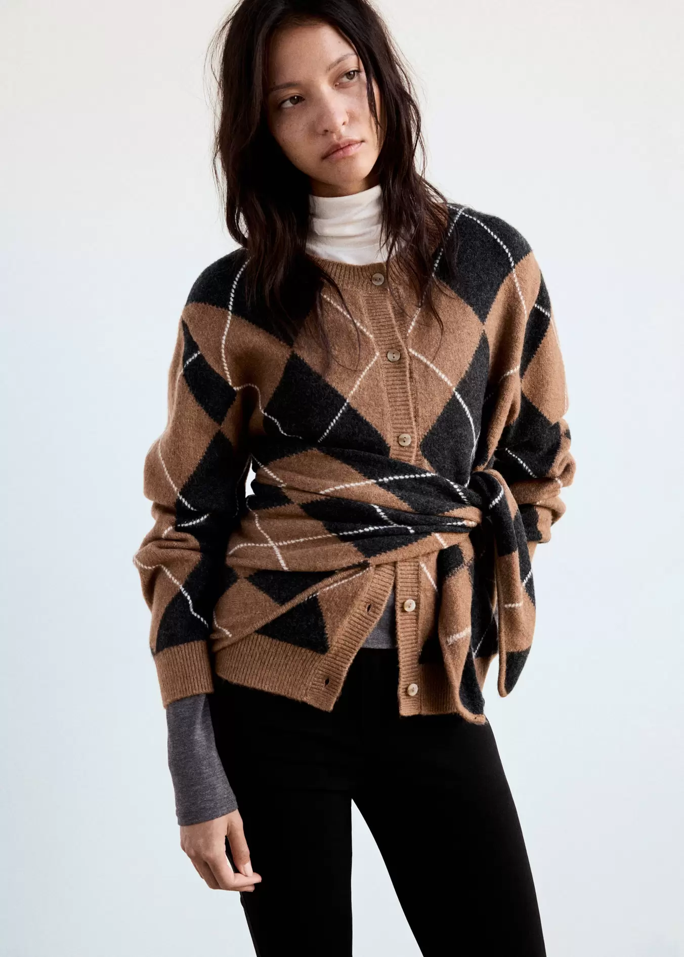 Diamond-pattern cardigan with scarf detail