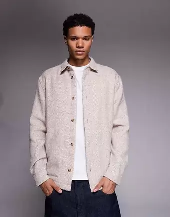 ASOS DESIGN – Beżowa fakturowana koszula wierzchnia w jodełkę