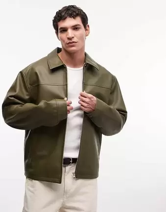 ASOS DESIGN – Kurtka Harrington z imitacji skóry w kolorze khaki