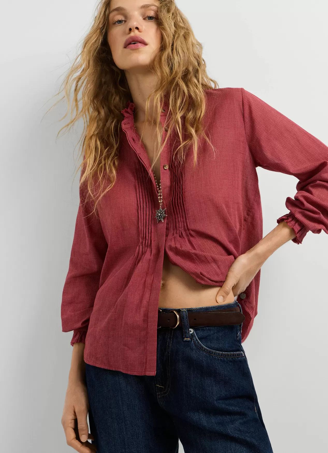 Checked Blouse With Mao Collar