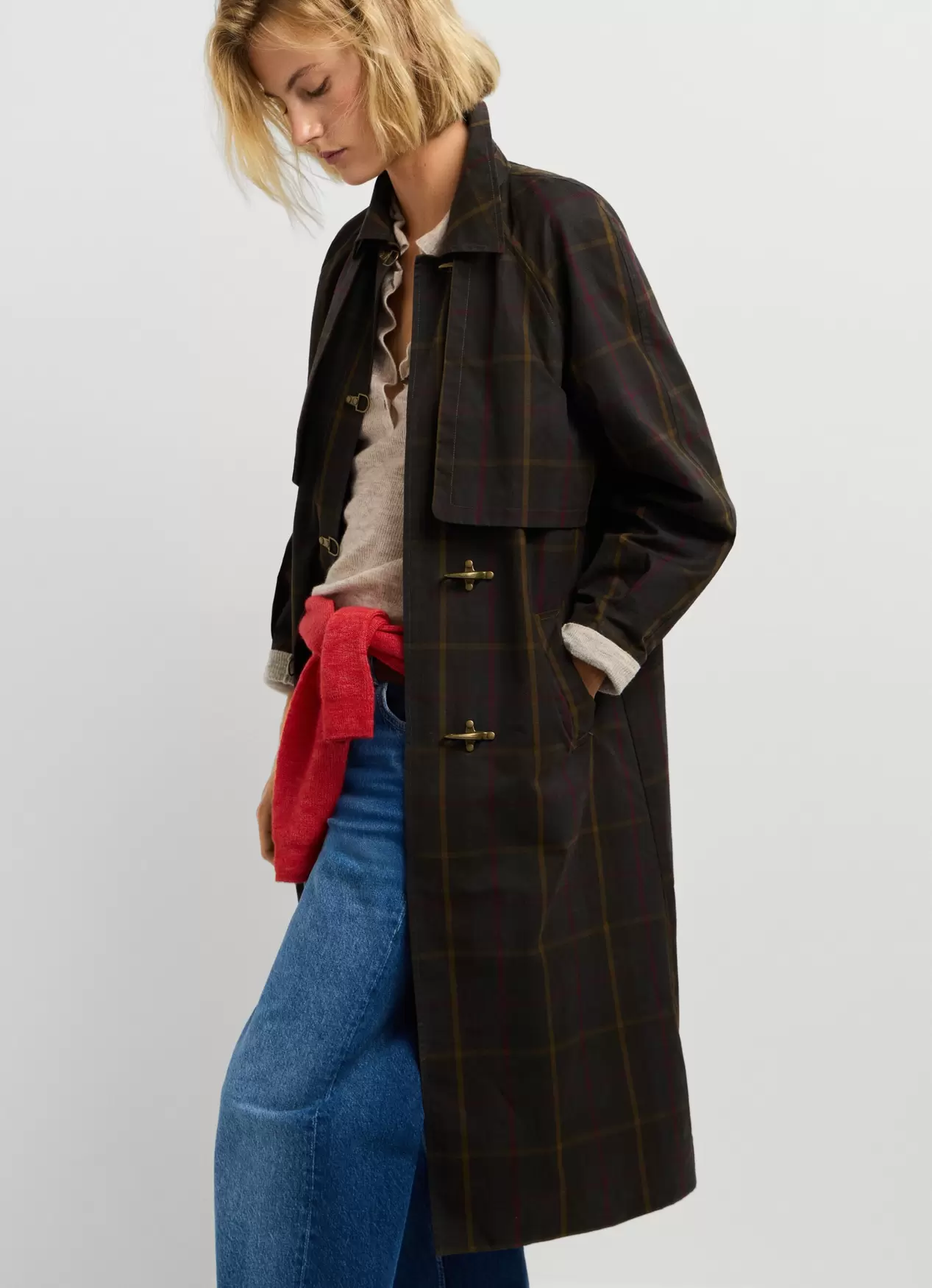 Long Checked Trench Coat