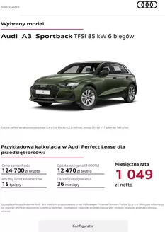 Katalog Audi w: Łódź | Audi A3 Sportback TFSI 85 kW 6 biegów | 2026-05-06T00:00:00.000Z - 2026-06-28T00:00:00.000Z