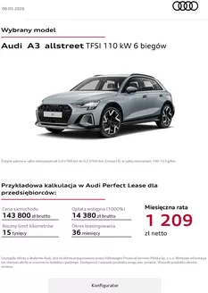 Katalog Audi w: Legnica | Audi A3 allstreet TFSI 110 kW 6 biegów | 2026-05-06T00:00:00.000Z - 2026-06-28T00:00:00.000Z