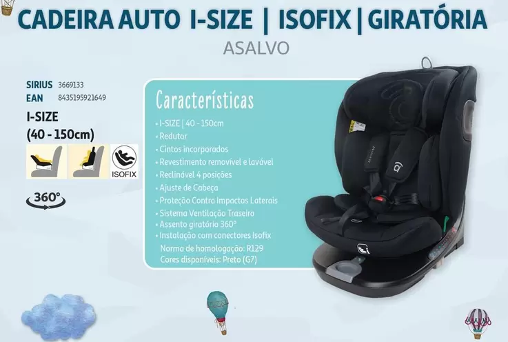 Asalvo - Cadeira Auto I-Size | Isofix | Giratória