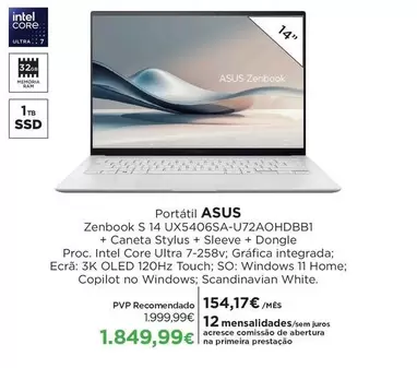 Asus - Portátil Zenbook S 14 UX5406SA-U72AOHDBB1| + Caneta Stylus + Sleeve + Dongle