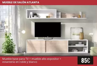 Mueble Base Para Tv + Mueble Alto Expositor + Estanteria En Roble Y Blanco