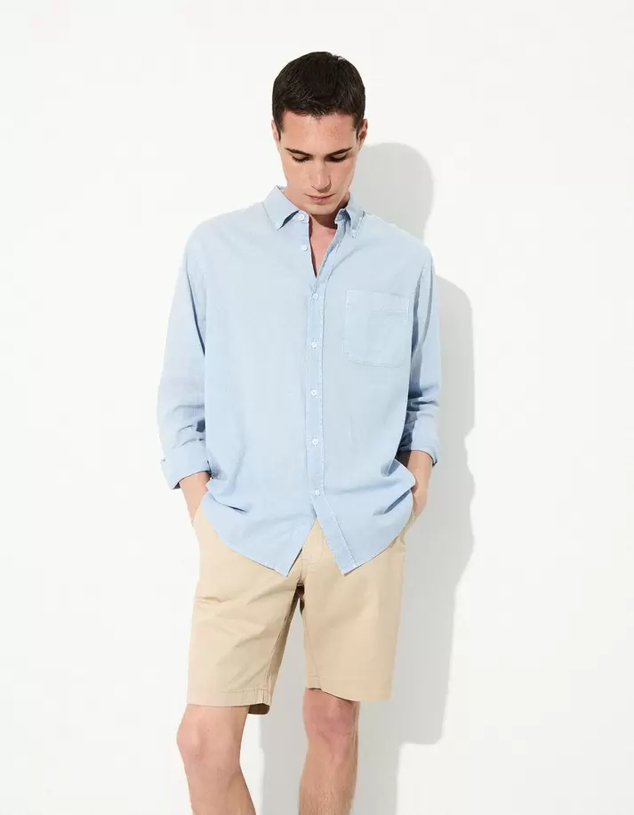 Camisa com Linho, Homem, Azul Claro