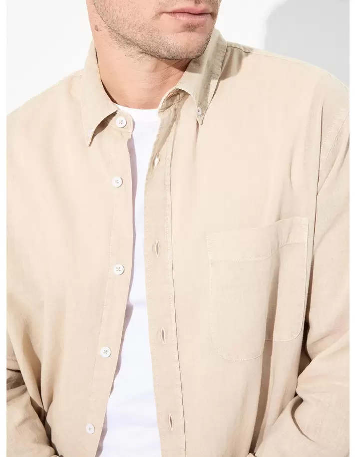 Camisa com Linho, Homem, Bege