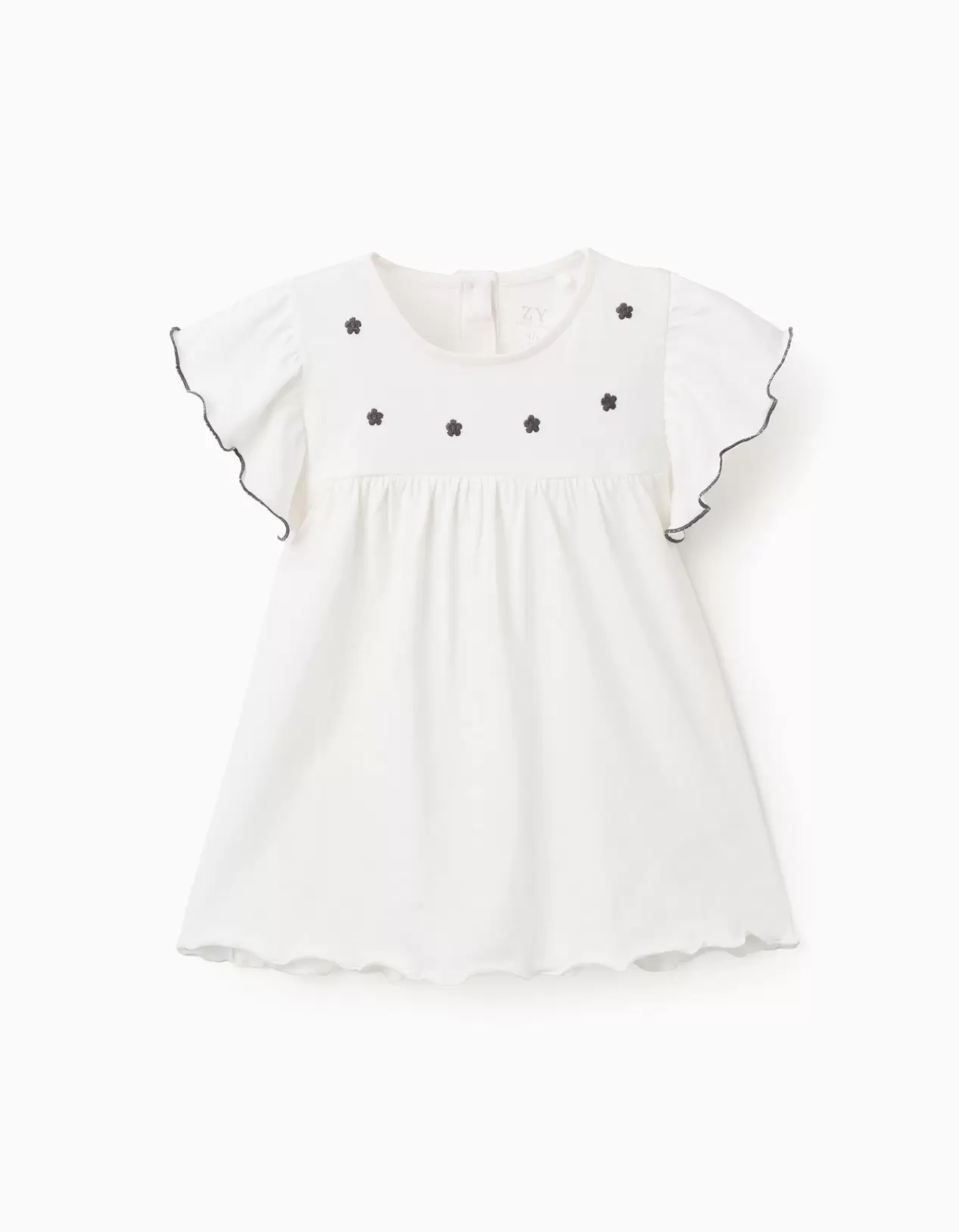 T-shirt de Algodão com Folhos e Bordados de Flores para Menina, Branco