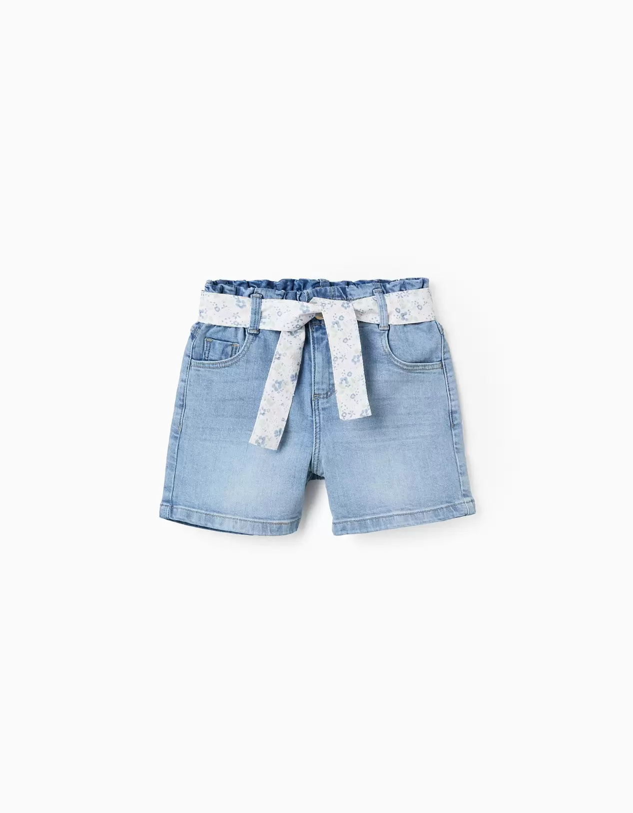 Calções de Ganga com Cinto Floral para Menina, Azul