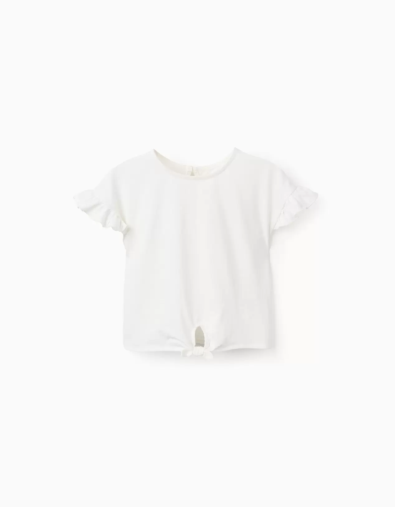 T-shirt de Algodão com Folhos e Laço para Menina, Branco