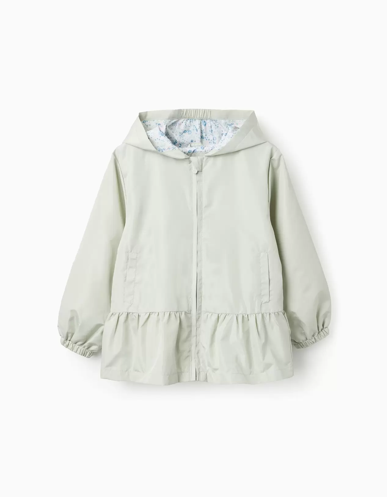 Corta-Vento com Capuz e Folhos para Menina, Verde Água