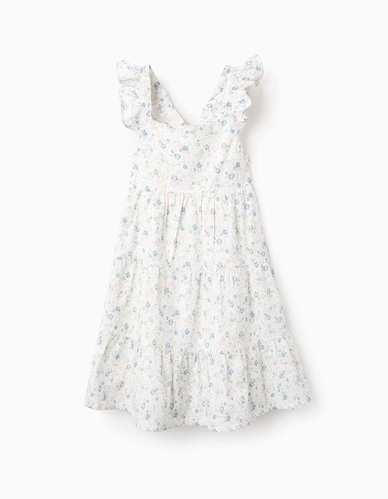 Vestido Floral de Algodão com Folhos para Menina, Branco