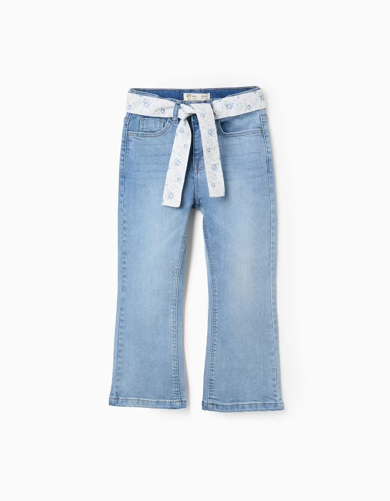 Calças de Ganga com Cinto Floral para Menina 'Flare Fit', Azul