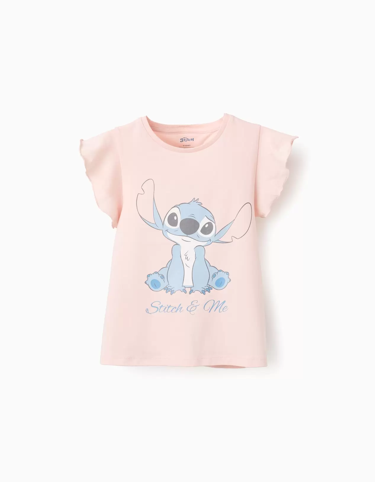 T-shirt de Algodão com Folhos para Menina 'Stitch', Rosa Claro
