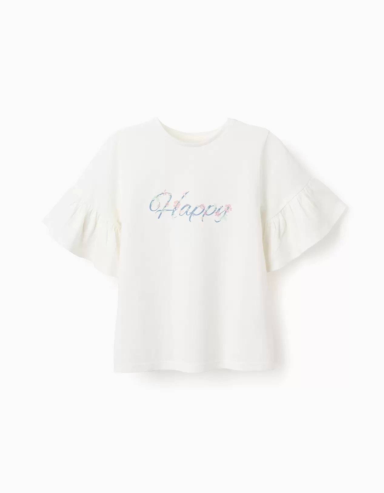 T-shirt de Algodão com Mangas de Folhos para Menina 'Happy', Branco