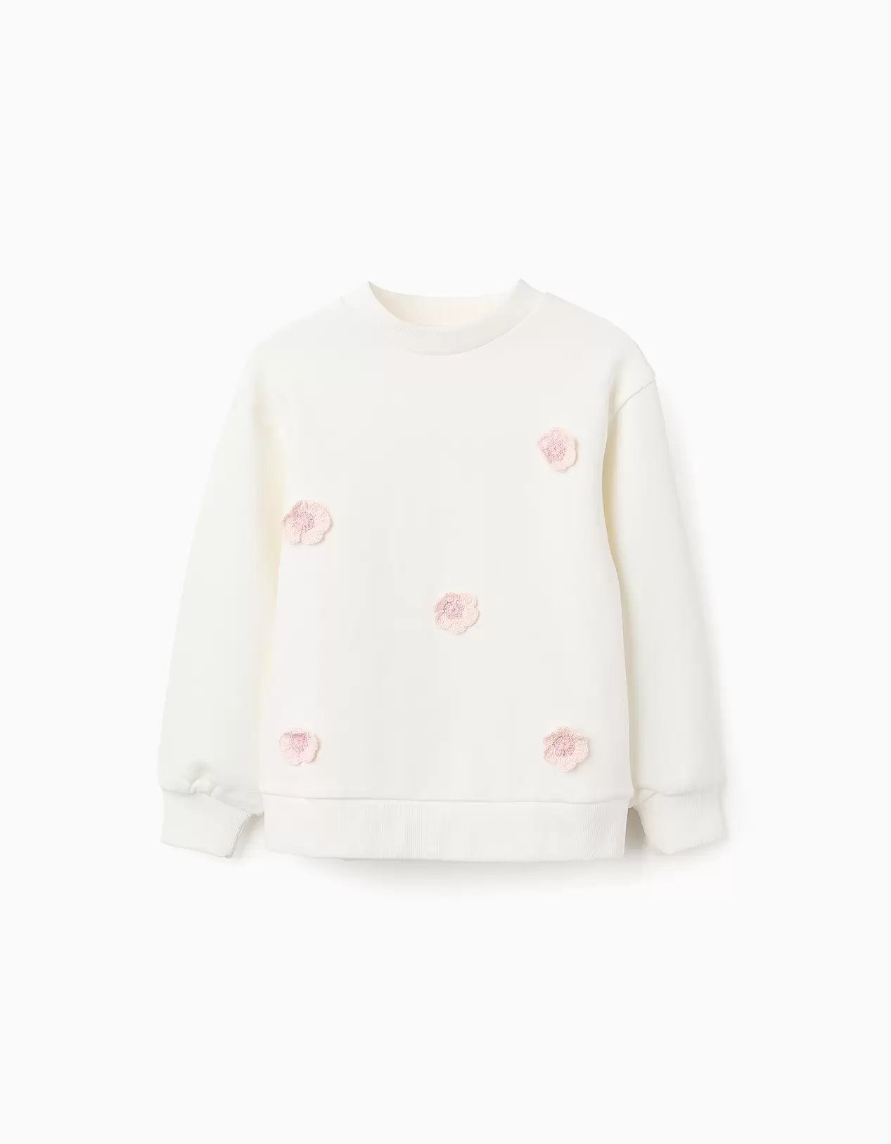 Sweat de Algodão com Flores em Crochet para Menina, Branco/Rosa