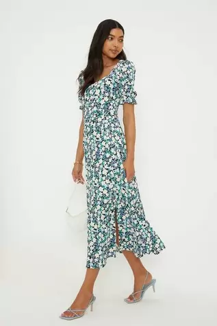 Floral Sweetheart Neckline Midi Dress