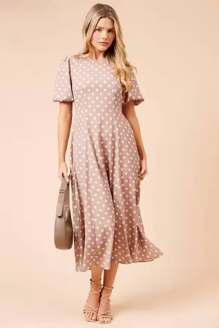 Spot Seamed Body Puff Sleeve Midi Dress