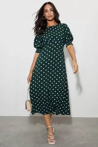 Green Spot Shirred Cuff Midi Dress