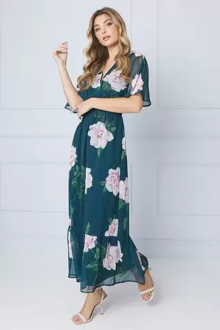 Floral Chiffon Shirred Waist Frill Hem Midi Dress
