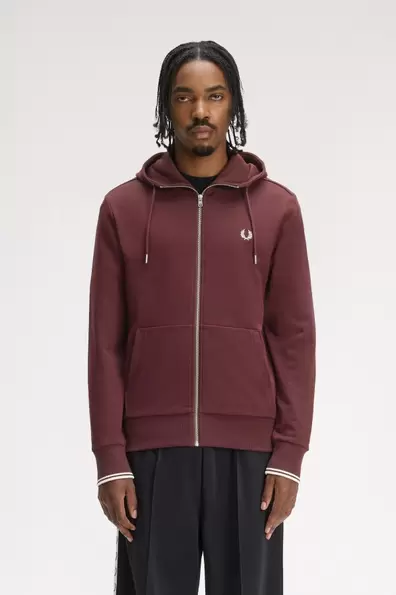 Hooded Zip Through Sweatshirt Red Oxblood / Ecru