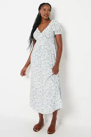 Blue Ditsy Shirred Waist Tiered Hem Midi Dress