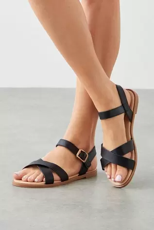 Florence Faux Leather Cross Strap Flat Sandals