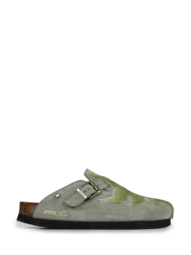 Maria Green Suede and Fur Sandals
