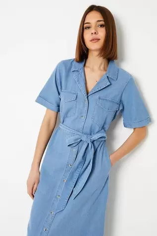 Denim Belted Button Through Midi Dress