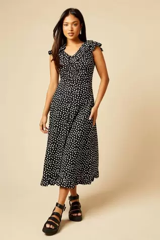Petite Mono Frill Neck Ruched Front Jersey Midi Dress