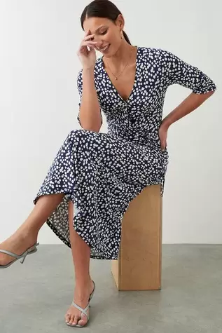 Navy Spot Print Wrap Jersey Midi Dress