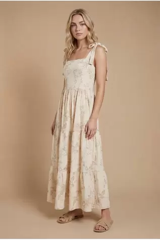 Metallic Embroidered Floral Strappy Tie Midi Dress