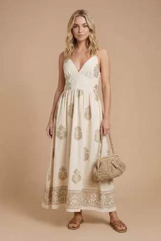 Metallic Embroidered Strappy Midi Dress