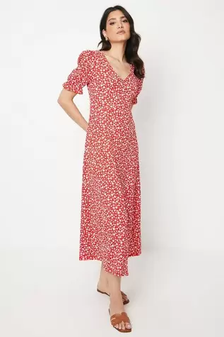 Red Ditsy V Neck Short Sleeve Jersey Midi Dress