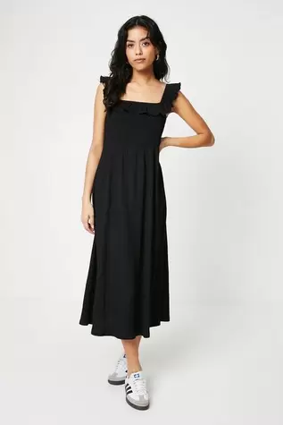 Petite Shirred Bodice Ruffle Neckline Jersey Midi Dress