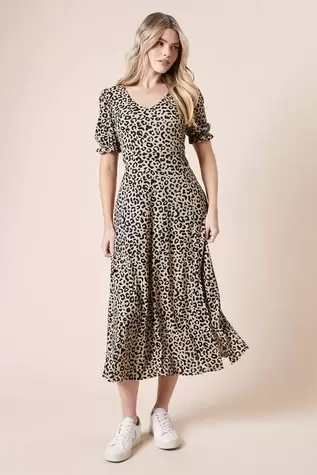 Leopard Print Short Sleeve Jersey Midi Dress