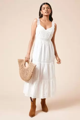 Petite Lace Insert Broderie Strappy Midi Dress