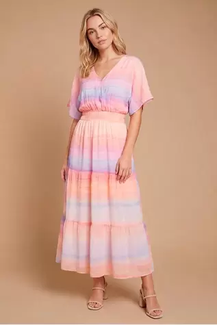 DP Luxe Angel Sleeve Tiered Hem Printed Maxi Dress