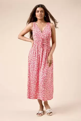 Petite Red Ditsy Channel Waist Jersey Midi Dress