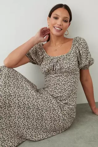 Ditsy Floral Ruched Scoop Neck Midi Dress
