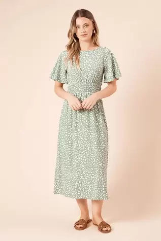 Green Leopard Shirred Waist Short Sleeve Jersey Midi Dress