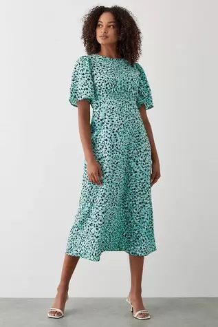 Green Animal Flutter Sleeve Shirred Waist Midi Dress