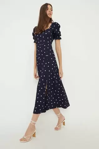 Navy Spot Sweetheart Neckline Midi Dress