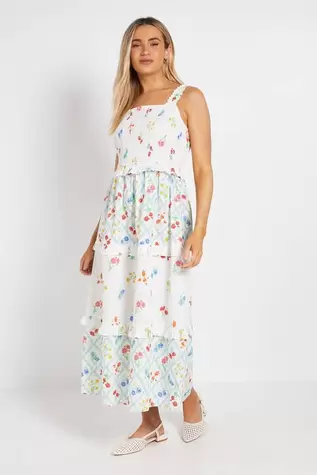 Frill Detail Floral Tiered Printed Poplin Maxi Dress