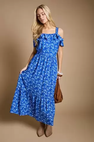 Blue Floral Frill Neckline Button Front Tiered Midaxi Dress