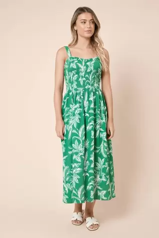 Green Palm Shirred Bodice Strappy Jersey Midi Dress